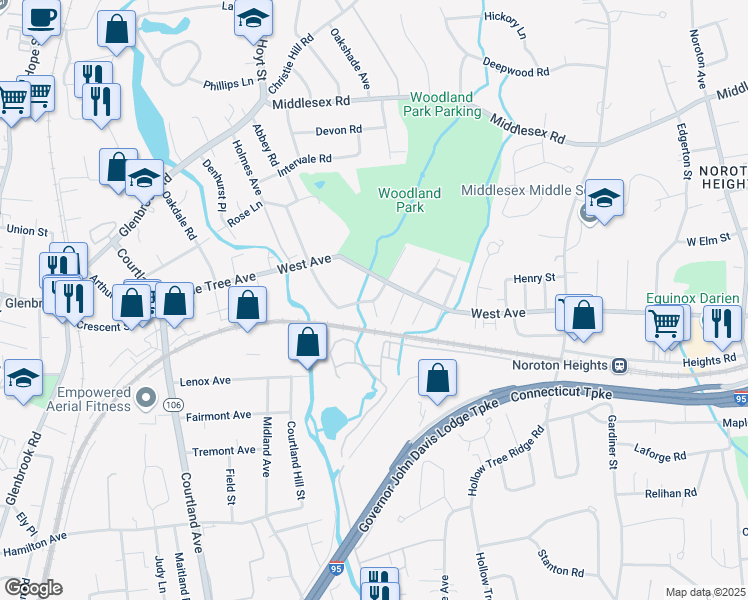 map of restaurants, bars, coffee shops, grocery stores, and more near 35 Holmes Avenue in Darien
