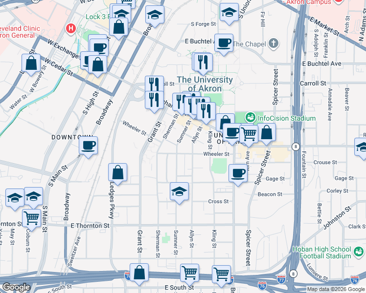 map of restaurants, bars, coffee shops, grocery stores, and more near 437 Sumner Street in Akron