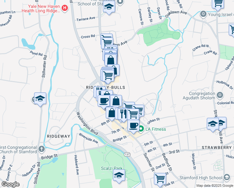 map of restaurants, bars, coffee shops, grocery stores, and more near 2715 Bedford Street in Stamford