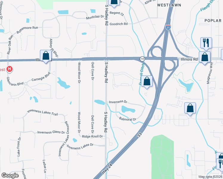 map of restaurants, bars, coffee shops, grocery stores, and more near 6943 Pointe Inverness Way in Fort Wayne