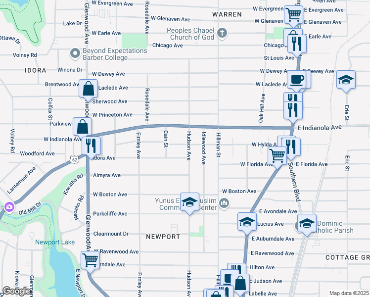 map of restaurants, bars, coffee shops, grocery stores, and more near 2736 Hudson Avenue in Youngstown