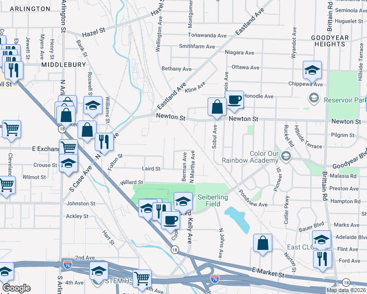 map of restaurants, bars, coffee shops, grocery stores, and more near 1231 Miriam Street in Akron
