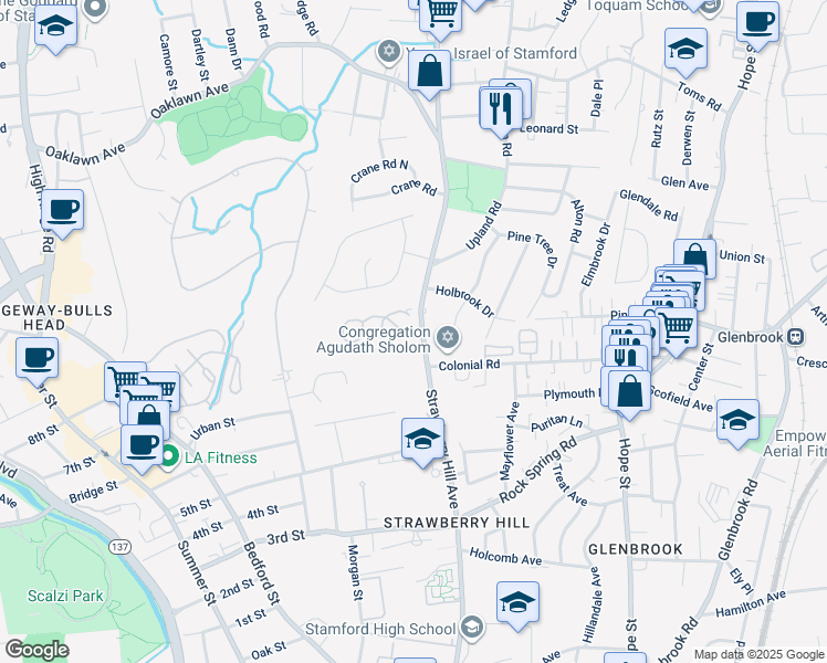 map of restaurants, bars, coffee shops, grocery stores, and more near 320 Strawberry Hill Avenue in Stamford