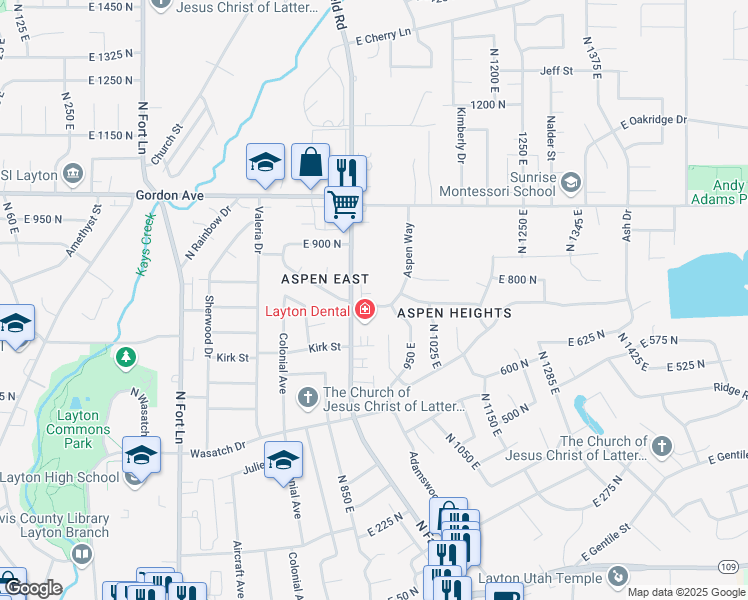 map of restaurants, bars, coffee shops, grocery stores, and more near 751 Aspen Way in Layton