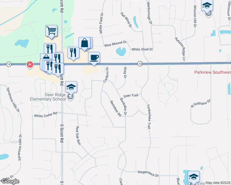 map of restaurants, bars, coffee shops, grocery stores, and more near 1430 Buckskin Dr in Fort Wayne