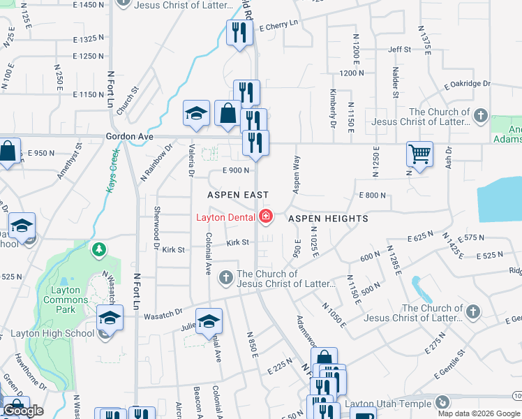 map of restaurants, bars, coffee shops, grocery stores, and more near 751 Aspen Way in Layton