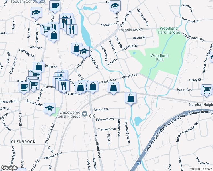 map of restaurants, bars, coffee shops, grocery stores, and more near 63 Maple Tree Avenue in Stamford