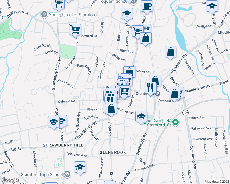 map of restaurants, bars, coffee shops, grocery stores, and more near 38 Pine Hill Avenue in Stamford