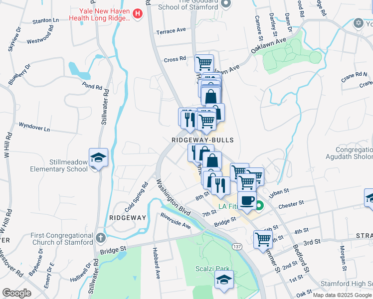 map of restaurants, bars, coffee shops, grocery stores, and more near 8 Hoover Avenue in Stamford