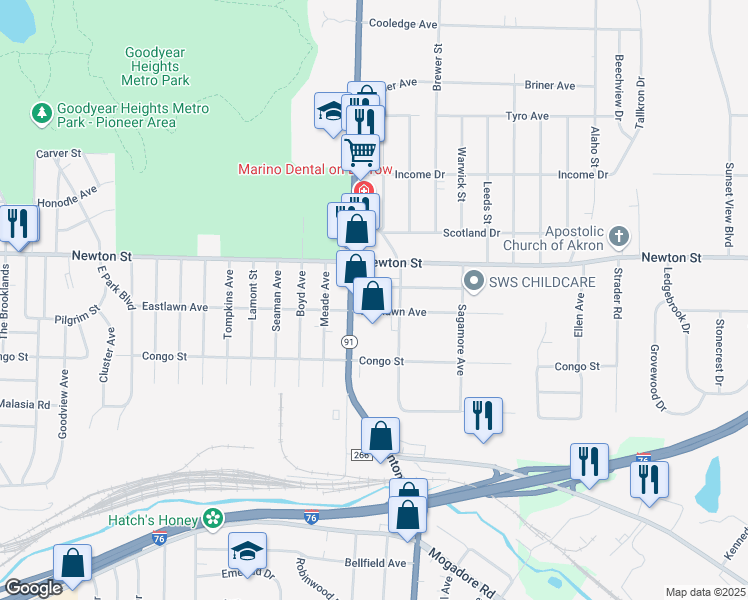 map of restaurants, bars, coffee shops, grocery stores, and more near 2300 Nicholas Avenue in Akron