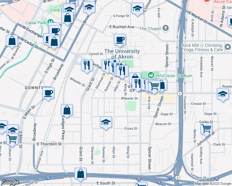 map of restaurants, bars, coffee shops, grocery stores, and more near 300 Torrey Street in Akron