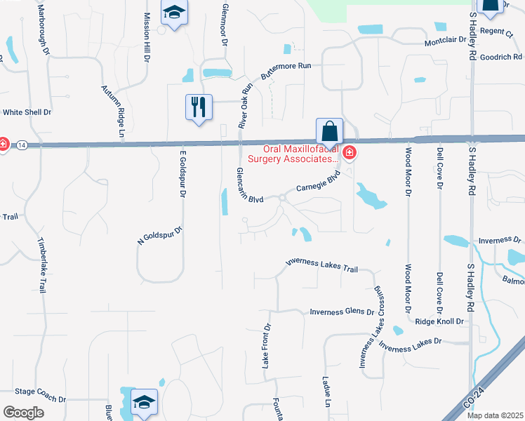 map of restaurants, bars, coffee shops, grocery stores, and more near 8230 Glencarin Blvd in Fort Wayne