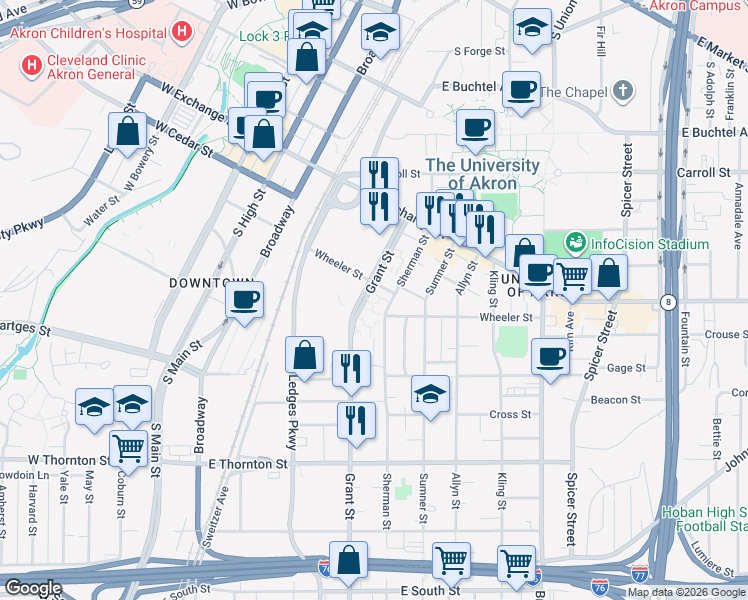 map of restaurants, bars, coffee shops, grocery stores, and more near 433 Grant Street in Akron
