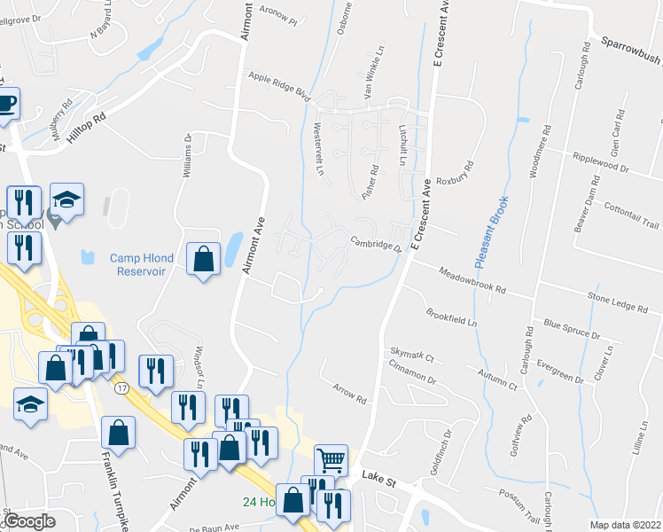 map of restaurants, bars, coffee shops, grocery stores, and more near 309 Sturbridge Court in Ramsey
