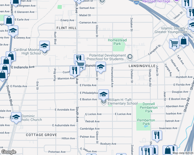 map of restaurants, bars, coffee shops, grocery stores, and more near 699 Marmion Avenue in Youngstown