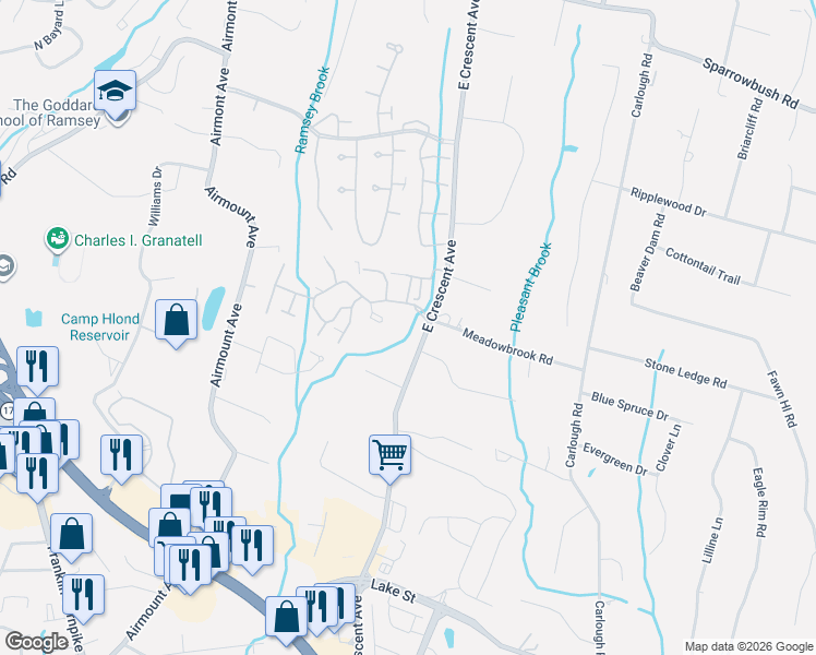 map of restaurants, bars, coffee shops, grocery stores, and more near 370 Cambridge Drive in Ramsey