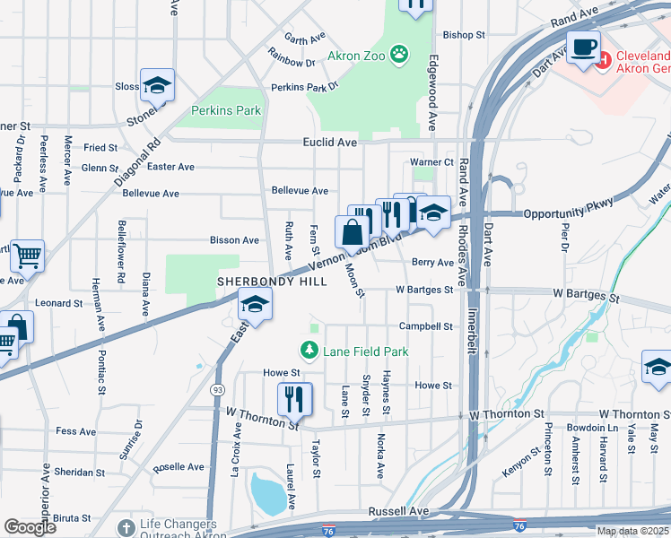 map of restaurants, bars, coffee shops, grocery stores, and more near 600 Ohio 261 in Akron