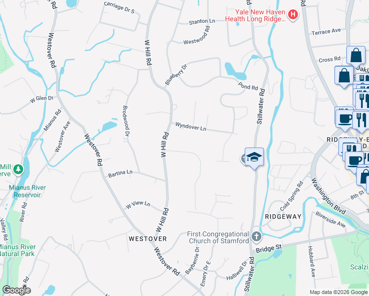 map of restaurants, bars, coffee shops, grocery stores, and more near 50 West Hill Circle in Stamford