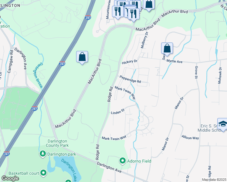 map of restaurants, bars, coffee shops, grocery stores, and more near 401 Poets Way in Mahwah