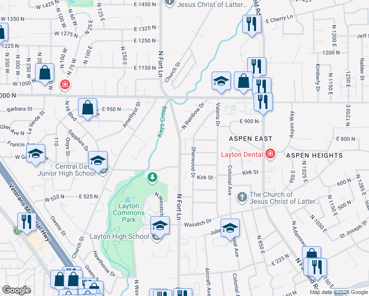 map of restaurants, bars, coffee shops, grocery stores, and more near 790 North Fort Lane in Layton