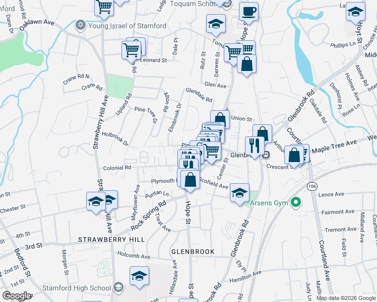 map of restaurants, bars, coffee shops, grocery stores, and more near 70 Pine Hill Avenue in Stamford