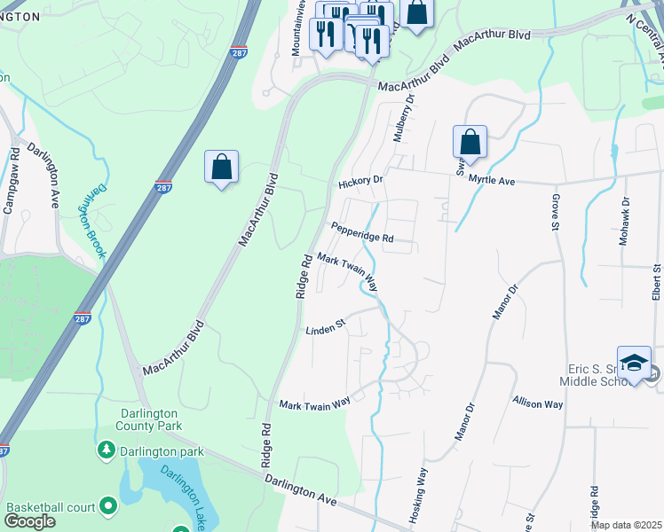 map of restaurants, bars, coffee shops, grocery stores, and more near 457 Poets Way in Mahwah