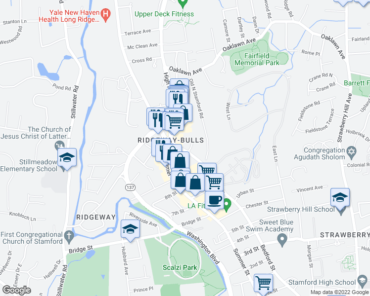 map of restaurants, bars, coffee shops, grocery stores, and more near 2715 Bedford Street in Stamford