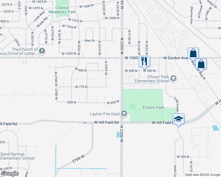 map of restaurants, bars, coffee shops, grocery stores, and more near 2283 775 North in Layton