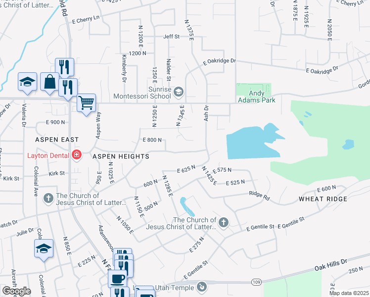 map of restaurants, bars, coffee shops, grocery stores, and more near 1379 Snowcreek Drive in Layton