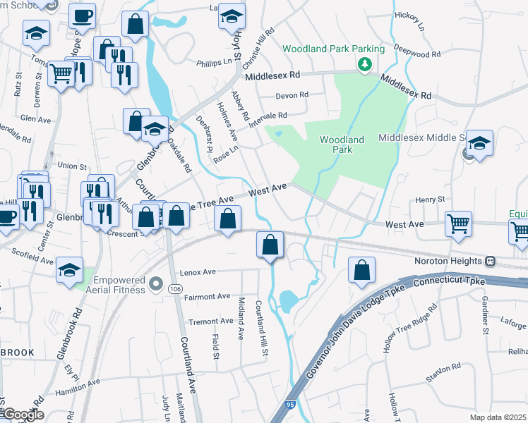 map of restaurants, bars, coffee shops, grocery stores, and more near 92 Holmes Ave in Darien