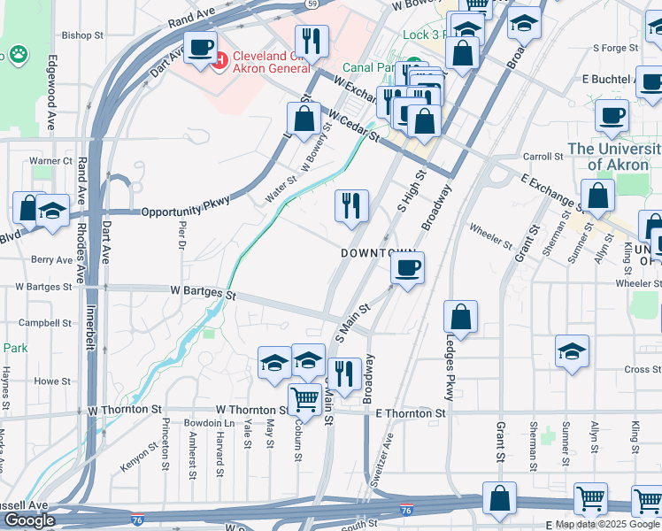 map of restaurants, bars, coffee shops, grocery stores, and more near 530 South Main Street in Akron