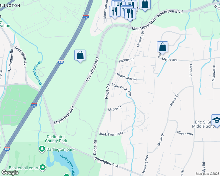 map of restaurants, bars, coffee shops, grocery stores, and more near 393 Poets Way in Mahwah