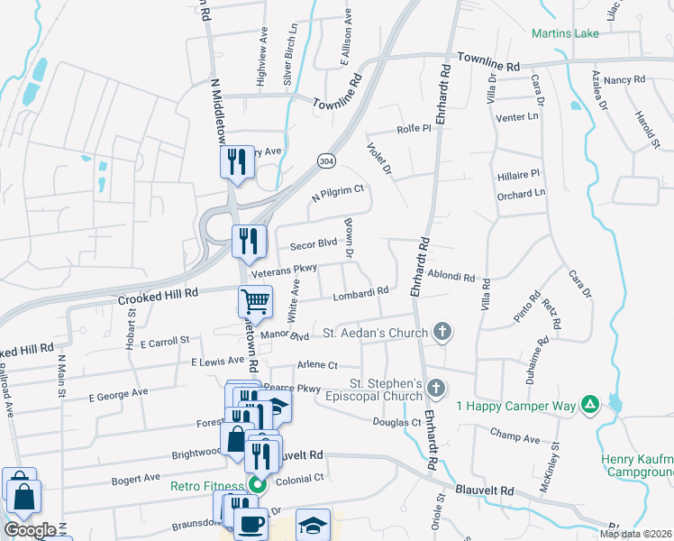 map of restaurants, bars, coffee shops, grocery stores, and more near 98 Veterans Parkway in Pearl River