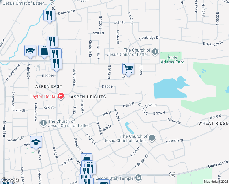 map of restaurants, bars, coffee shops, grocery stores, and more near 1276 East 800 North in Layton
