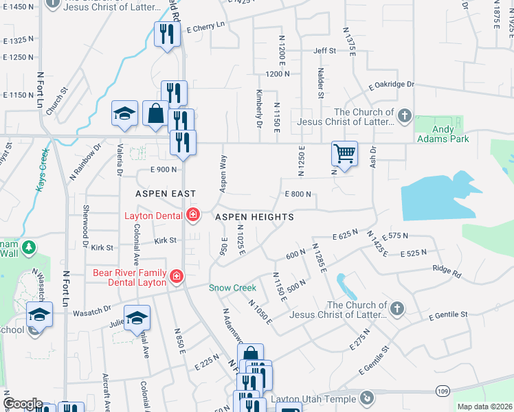 map of restaurants, bars, coffee shops, grocery stores, and more near 1122 Crescent Circle in Layton