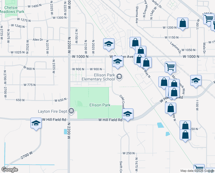 map of restaurants, bars, coffee shops, grocery stores, and more near 777 Cold Creek Way in Layton