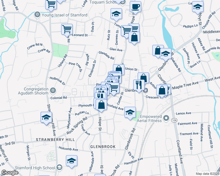map of restaurants, bars, coffee shops, grocery stores, and more near 38 Pine Hill Avenue in Stamford