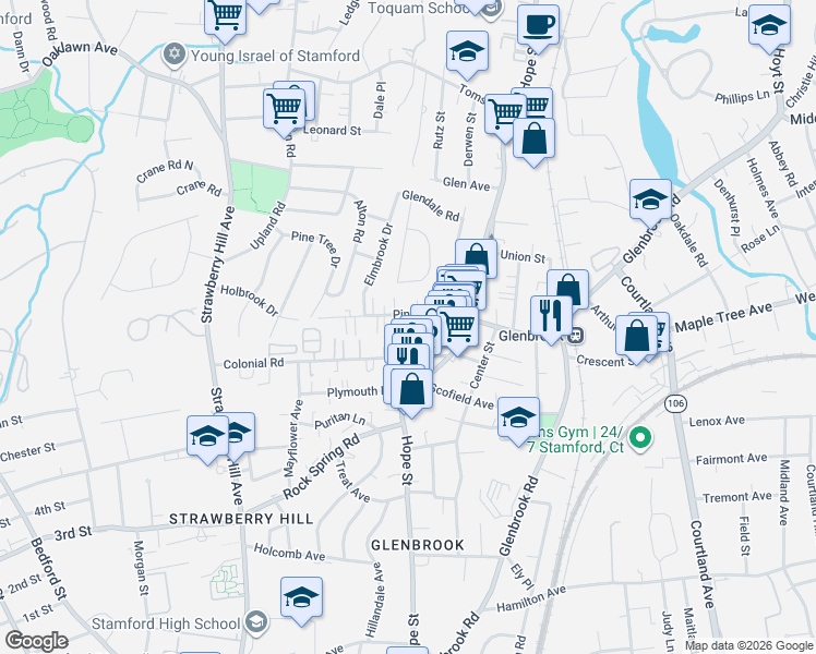 map of restaurants, bars, coffee shops, grocery stores, and more near 70 Pine Hill Avenue in Stamford