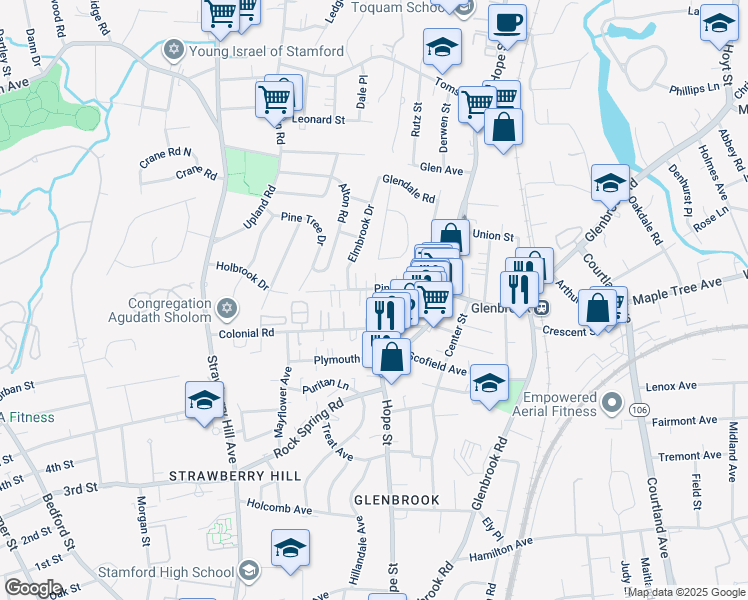 map of restaurants, bars, coffee shops, grocery stores, and more near 70 Pine Hill Avenue in Stamford