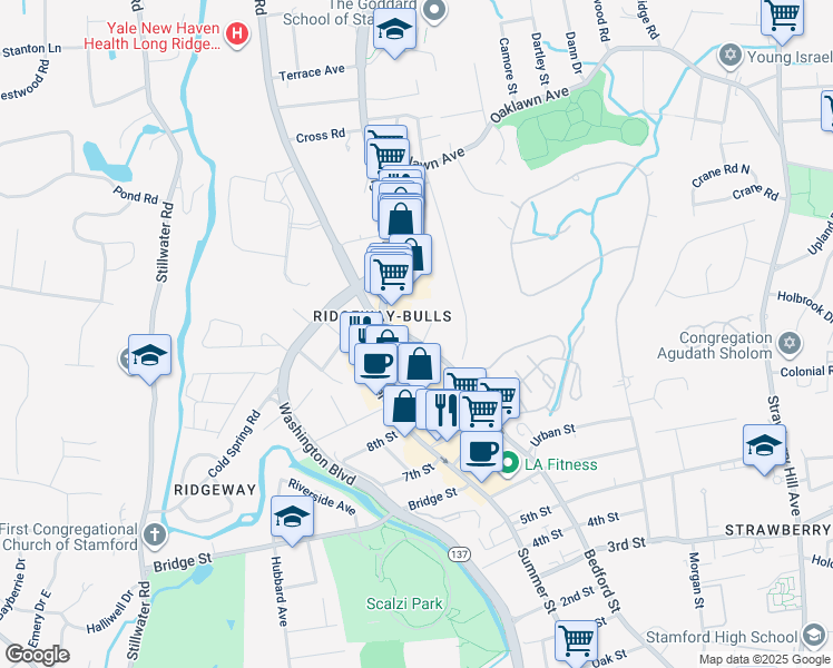 map of restaurants, bars, coffee shops, grocery stores, and more near 2715 Bedford Street in Stamford