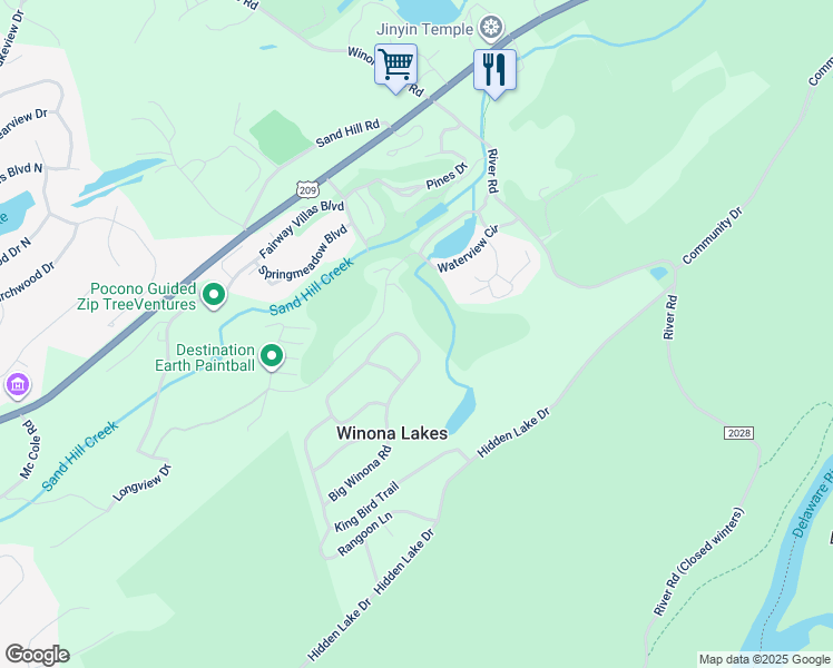 map of restaurants, bars, coffee shops, grocery stores, and more near 2090 Big Winona Road in East Stroudsburg