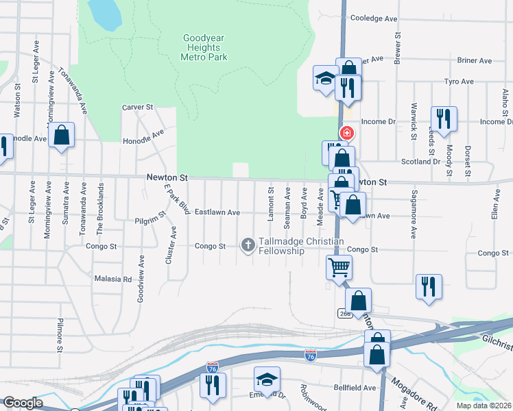 map of restaurants, bars, coffee shops, grocery stores, and more near 495 Tompkins Avenue in Akron