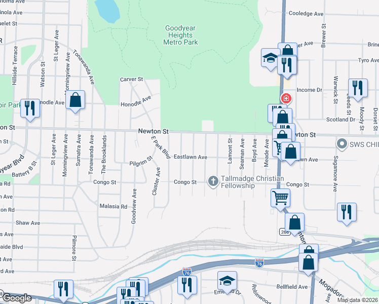 map of restaurants, bars, coffee shops, grocery stores, and more near 457 Sullivan Avenue in Akron