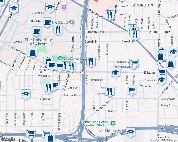map of restaurants, bars, coffee shops, grocery stores, and more near 575 East Exchange Street in Akron
