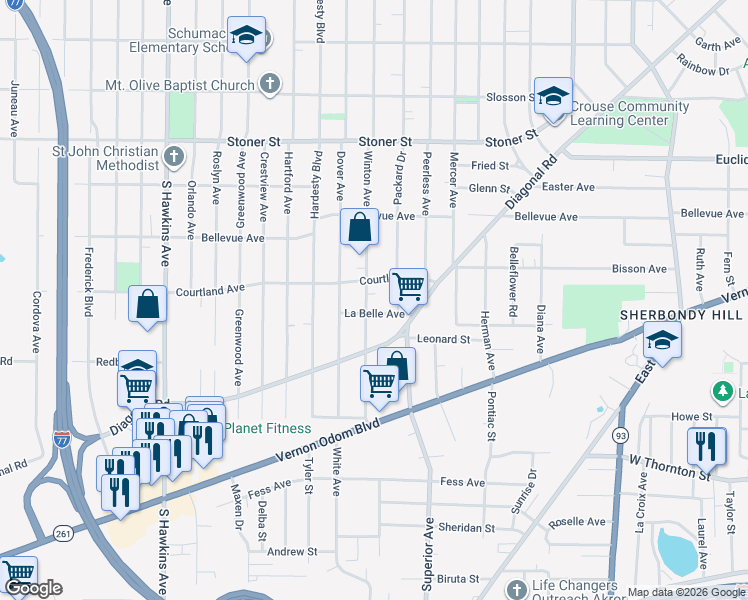 map of restaurants, bars, coffee shops, grocery stores, and more near 1230 Winton Avenue in Akron