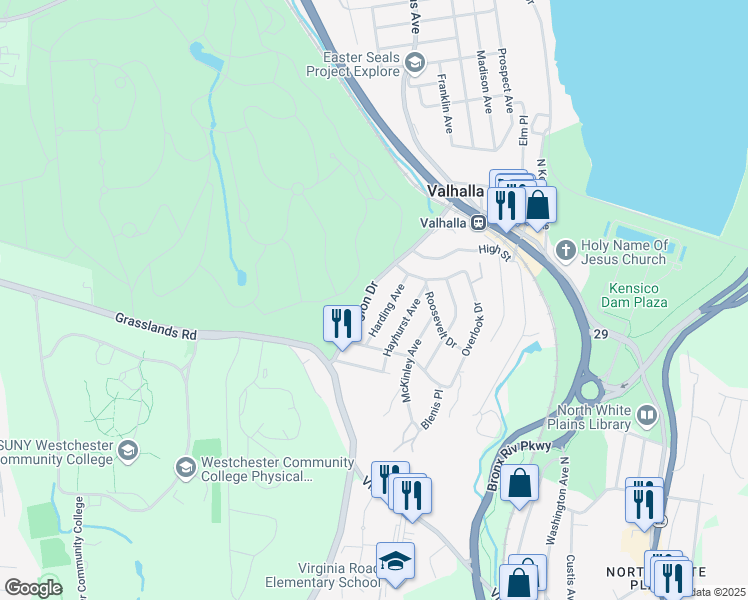 map of restaurants, bars, coffee shops, grocery stores, and more near 100 Legion Drive in Valhalla