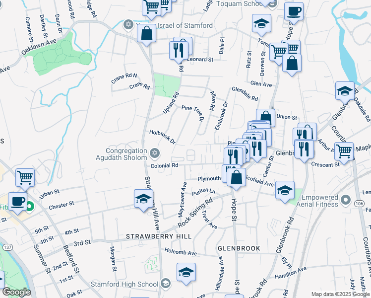 map of restaurants, bars, coffee shops, grocery stores, and more near 70 Apple Tree Drive in Stamford
