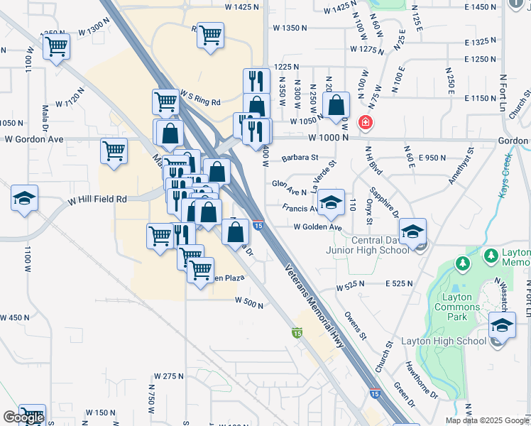 map of restaurants, bars, coffee shops, grocery stores, and more near 385 West Golden Avenue in Layton