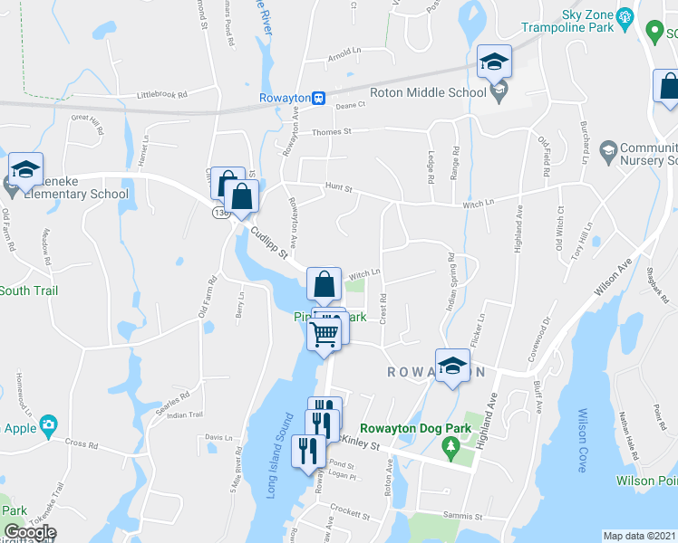 map of restaurants, bars, coffee shops, grocery stores, and more near 200 Rowayton Avenue in Norwalk