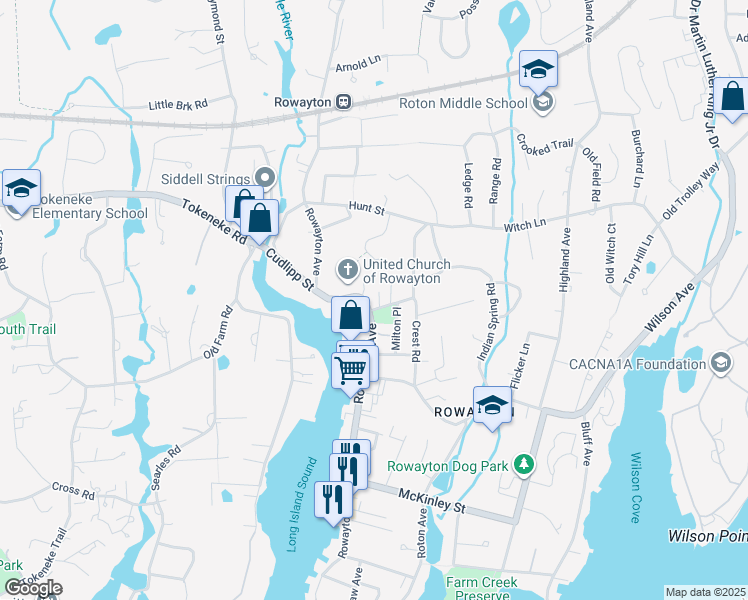 map of restaurants, bars, coffee shops, grocery stores, and more near 198 Rowayton Avenue in Norwalk